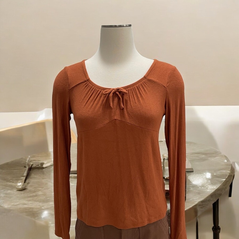 Rust Orange XXL Long Sleeve Top Tie Peasant Boho Casual Rustic Fall Comfy Trendy